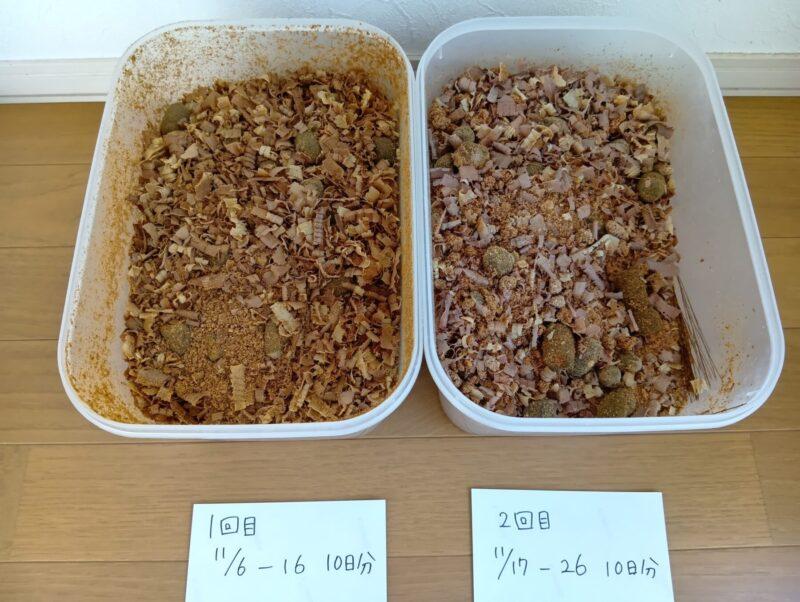10日分ずつ猫フンとおかくずを貯めた二つのタッパーを上から撮った様子